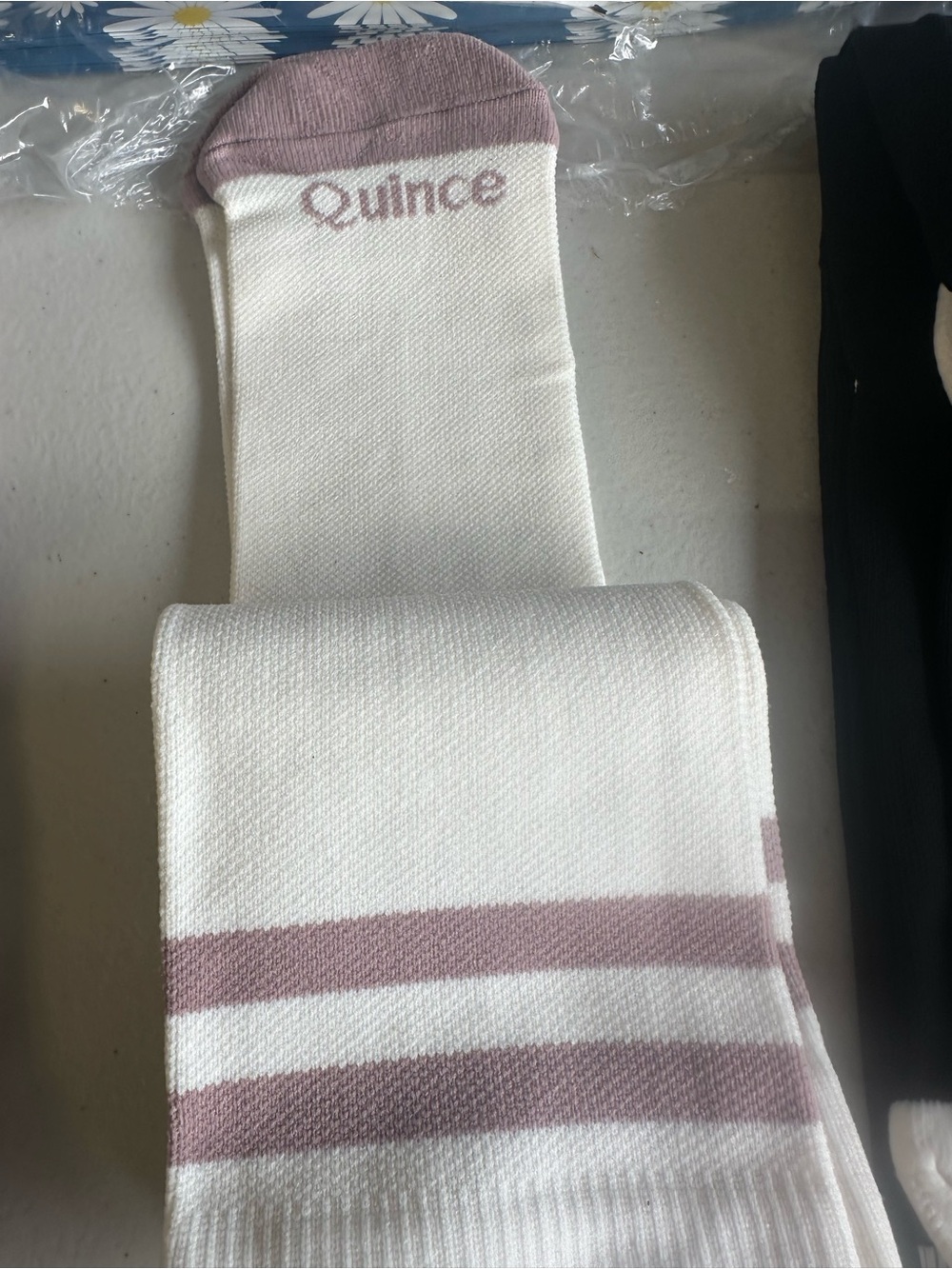 Quince White Crew Socks with Mauve Accent Stripes